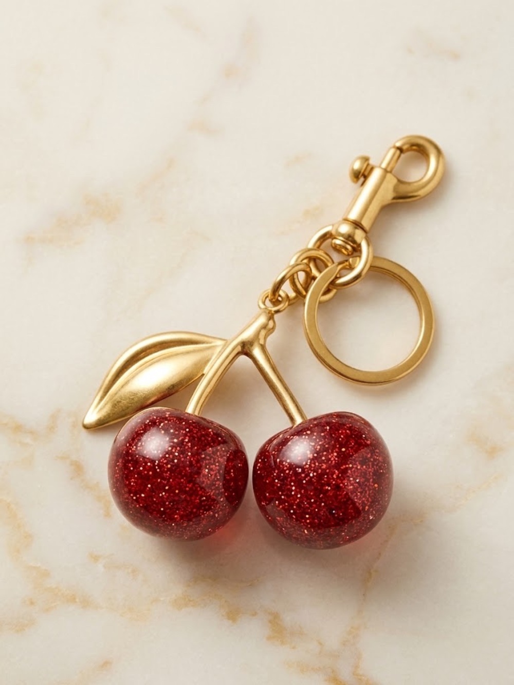 Gold-Tone Cherry Key & Card Holder Charm in Red Glitter